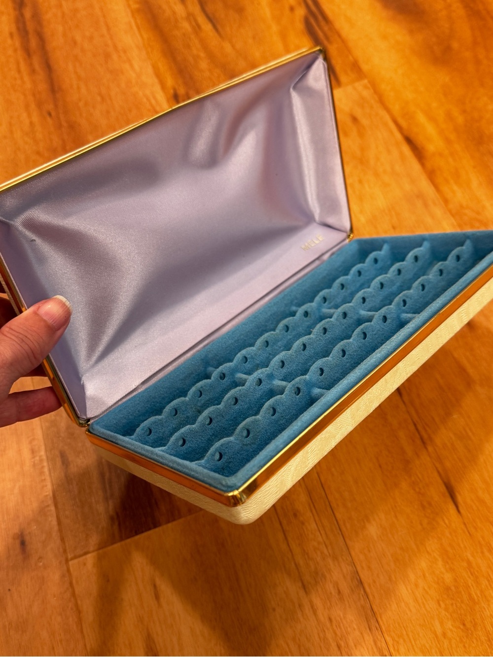 Vintage Mele Ivory Brocade Exterior/Blue Velour Interior Clamshell Earring Case